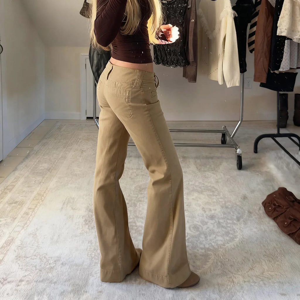 Vaqueros rectos de cintura baja y color liso para mujer