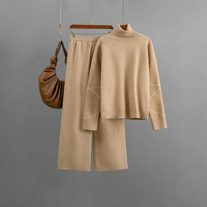 Conjunto de suéter holgado de cuello alto y pantalón de mujer