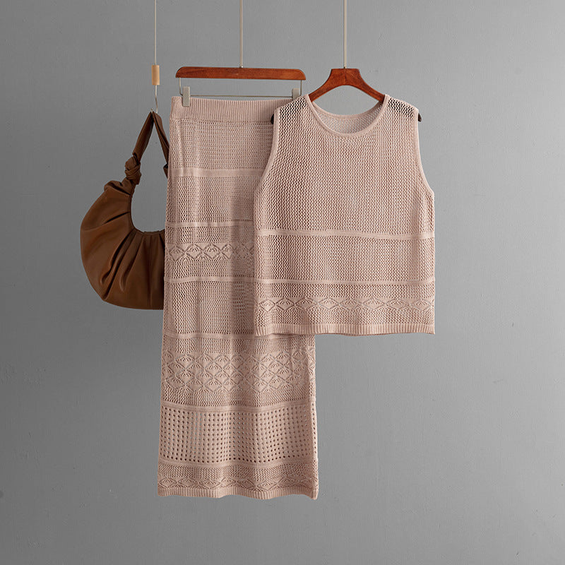 Conjunto de punto sin mangas y cuello redondo para mujer