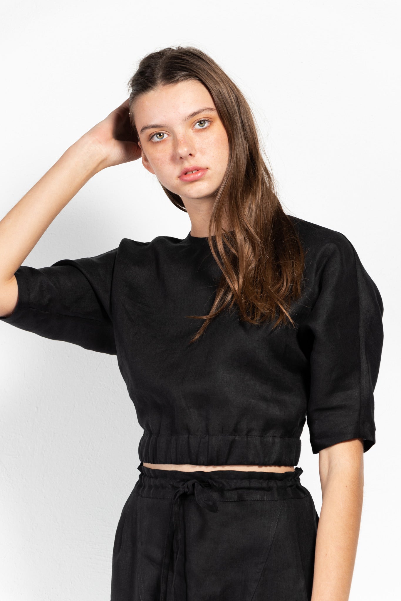 Arugula Linen-Blend Open Back Crop Top